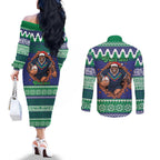 Merry Haka Warriors Personalised Couples Matching Off The Shoulder Long Sleeve Dress and Long Sleeve Button Shirt Christmas Rugby League Spirit - Aussie Hoodie