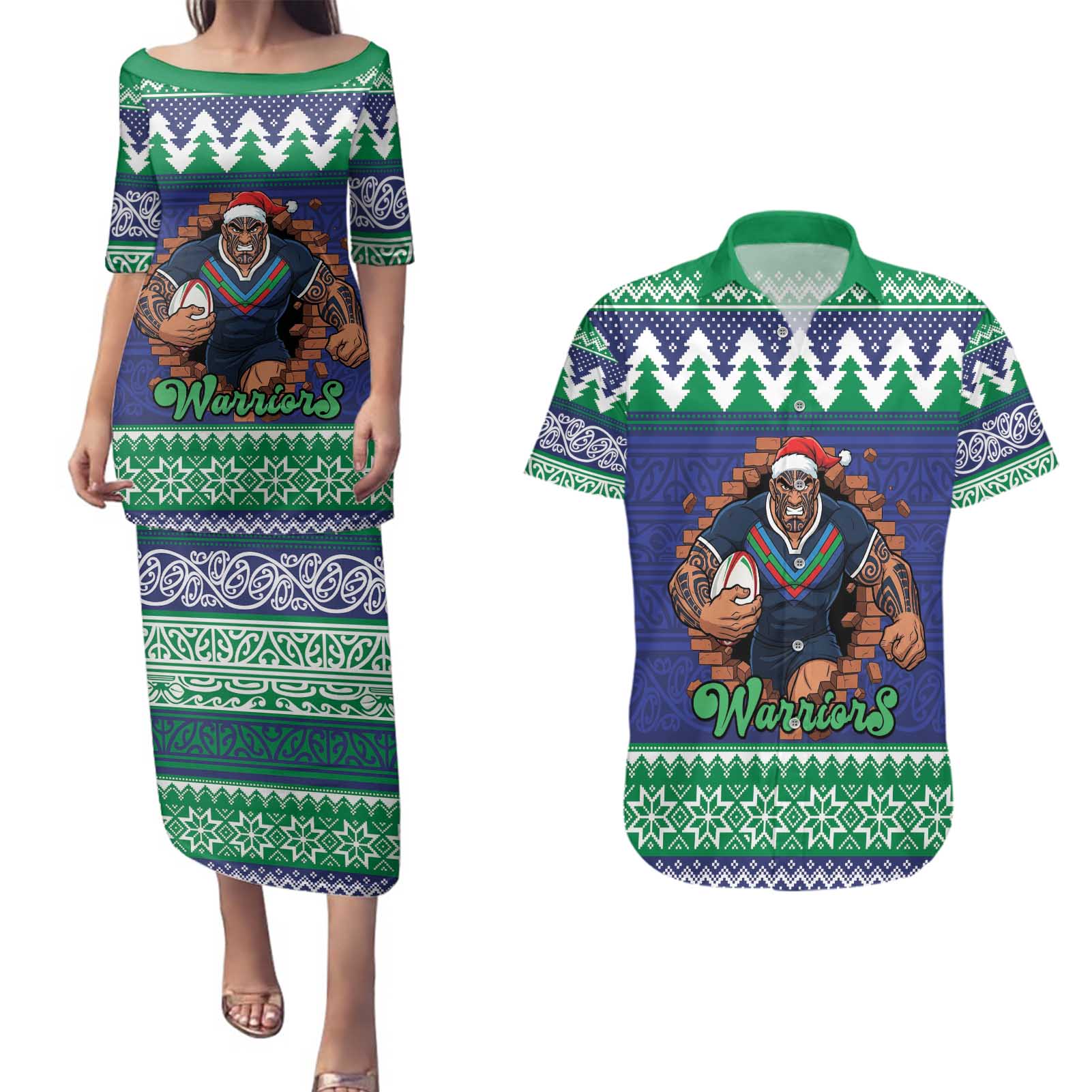 Merry Haka Warriors Personalised Couples Matching Puletasi and Hawaiian Shirt Christmas Rugby League Spirit - Aussie Hoodie