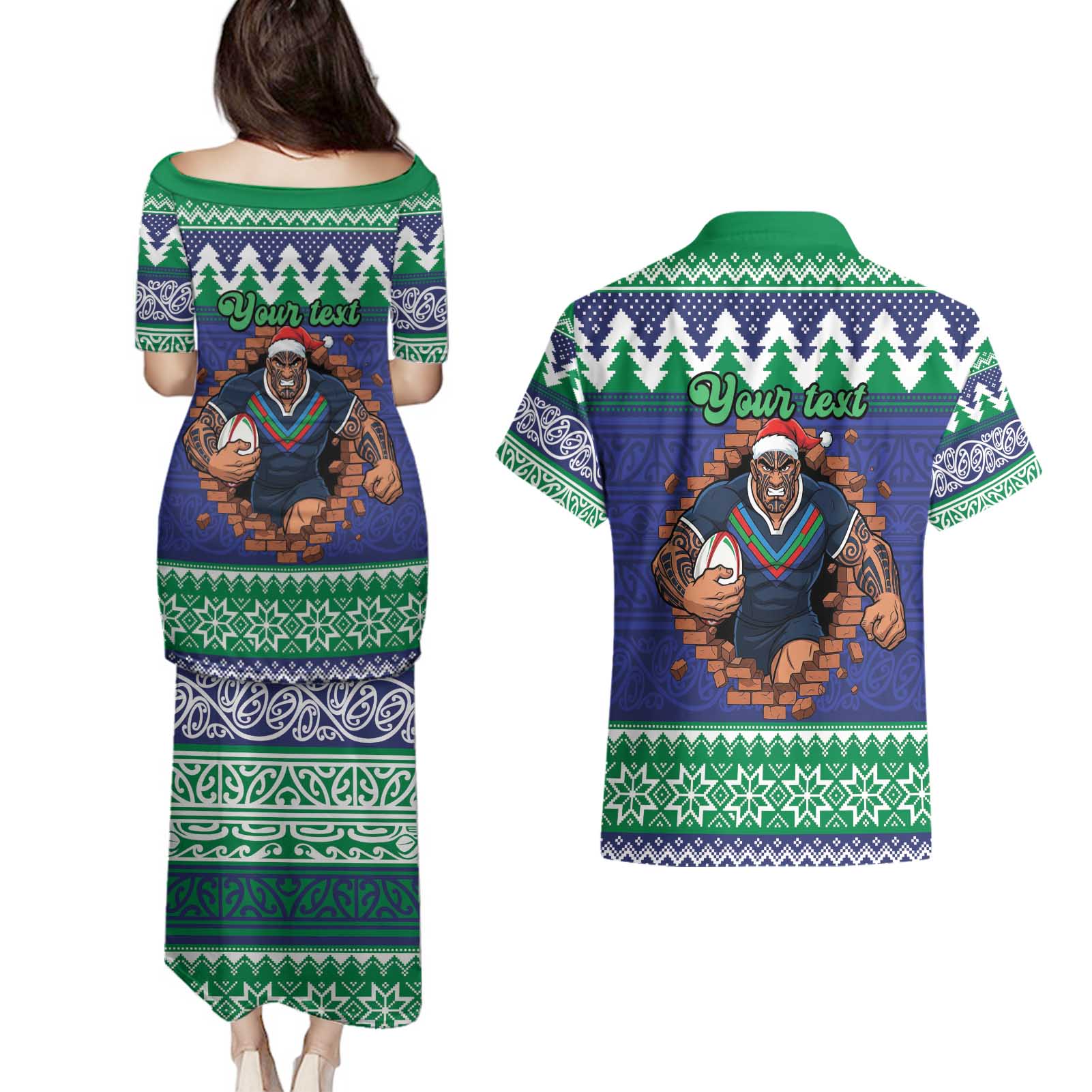 Merry Haka Warriors Personalised Couples Matching Puletasi and Hawaiian Shirt Christmas Rugby League Spirit - Aussie Hoodie
