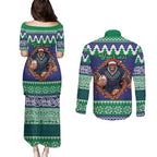 Merry Haka Warriors Personalised Couples Matching Puletasi and Long Sleeve Button Shirt Christmas Rugby League Spirit - Aussie Hoodie