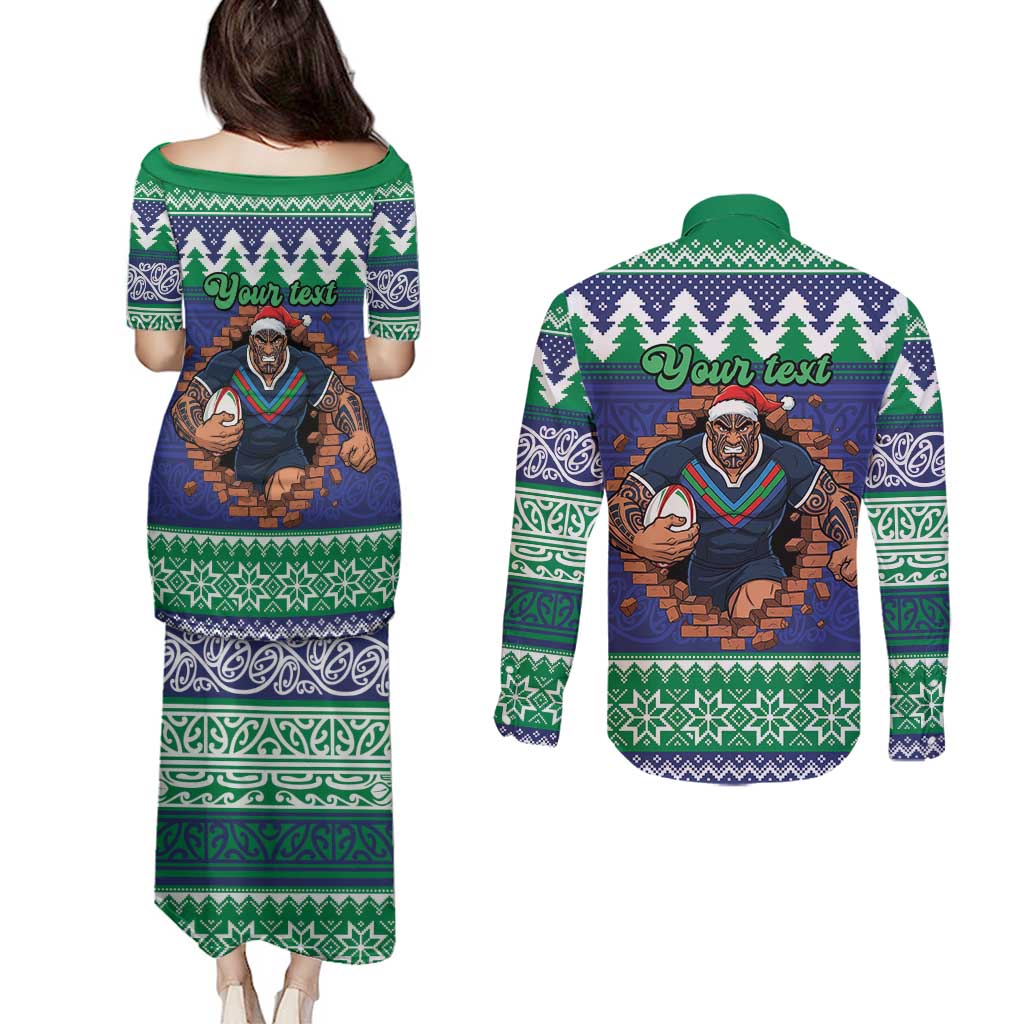 Merry Haka Warriors Personalised Couples Matching Puletasi and Long Sleeve Button Shirt Christmas Rugby League Spirit - Aussie Hoodie