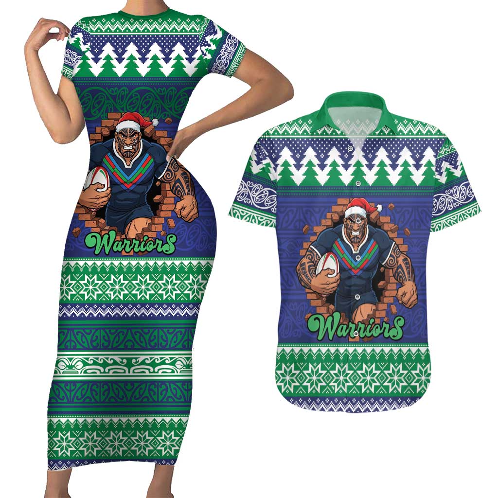 Merry Haka Warriors Personalised Couples Matching Short Sleeve Bodycon Dress and Hawaiian Shirt Christmas Rugby League Spirit - Aussie Hoodie