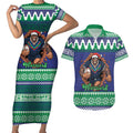 Merry Haka Warriors Personalised Couples Matching Short Sleeve Bodycon Dress and Hawaiian Shirt Christmas Rugby League Spirit - Aussie Hoodie
