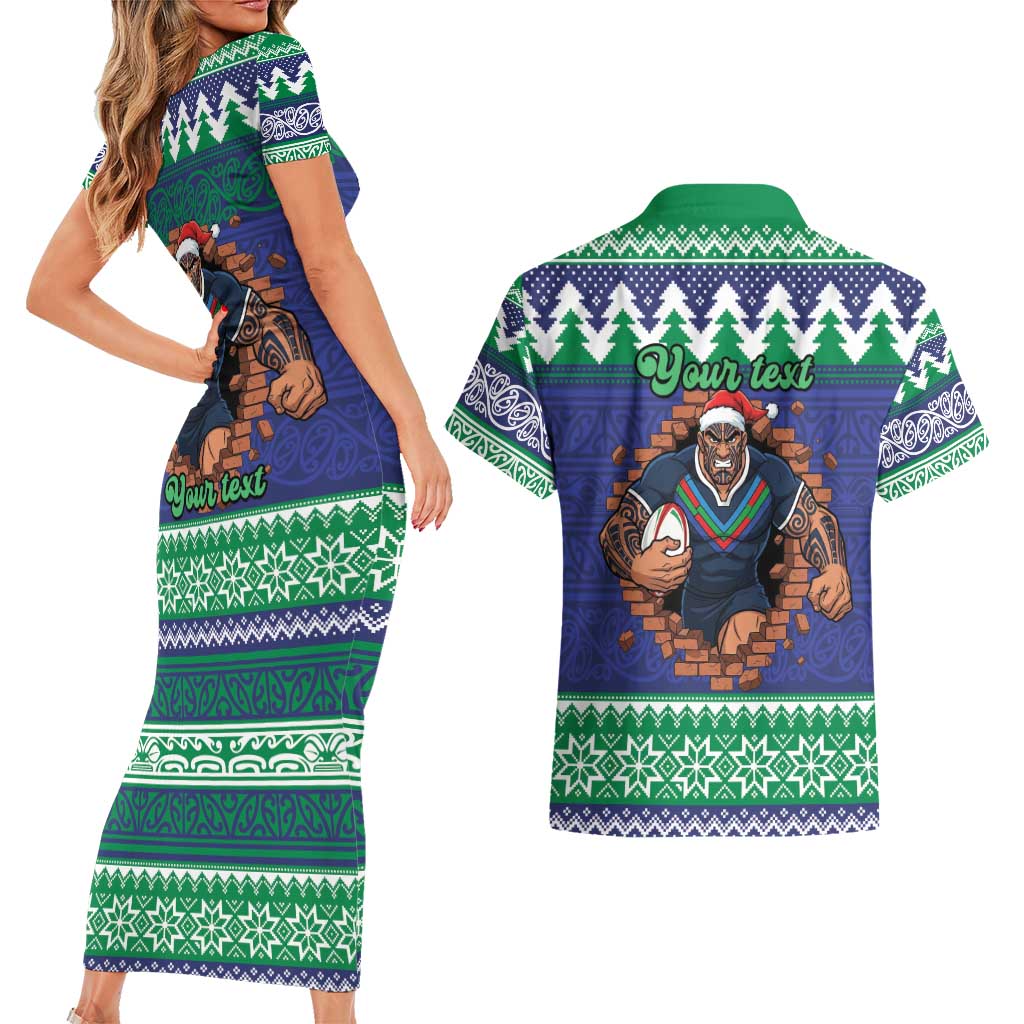 Merry Haka Warriors Personalised Couples Matching Short Sleeve Bodycon Dress and Hawaiian Shirt Christmas Rugby League Spirit - Aussie Hoodie