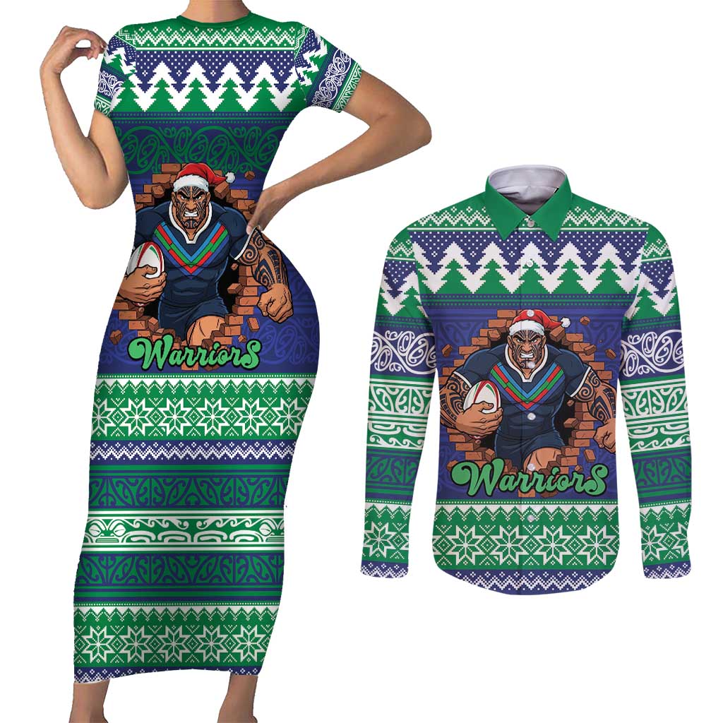 Merry Haka Warriors Personalised Couples Matching Short Sleeve Bodycon Dress and Long Sleeve Button Shirt Christmas Rugby League Spirit - Aussie Hoodie