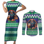 Merry Haka Warriors Personalised Couples Matching Short Sleeve Bodycon Dress and Long Sleeve Button Shirt Christmas Rugby League Spirit - Aussie Hoodie