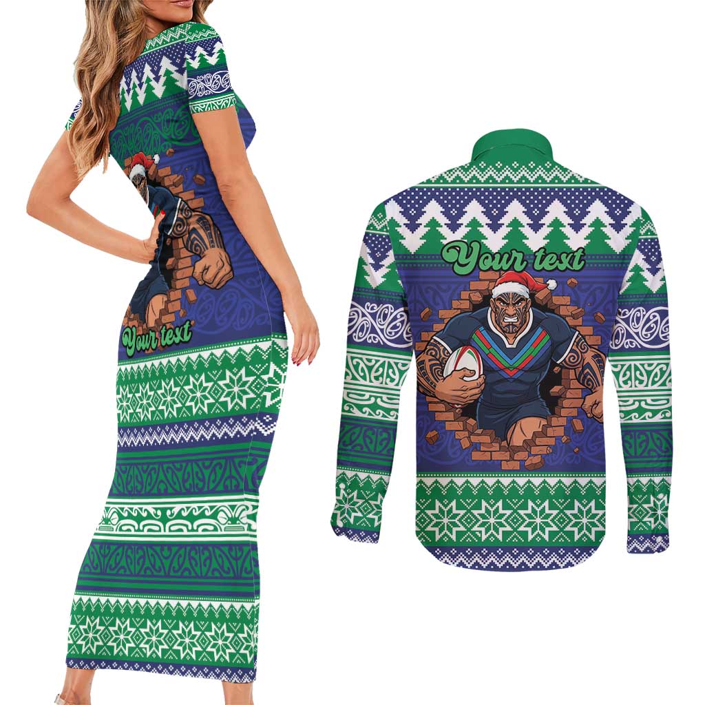 Merry Haka Warriors Personalised Couples Matching Short Sleeve Bodycon Dress and Long Sleeve Button Shirt Christmas Rugby League Spirit - Aussie Hoodie