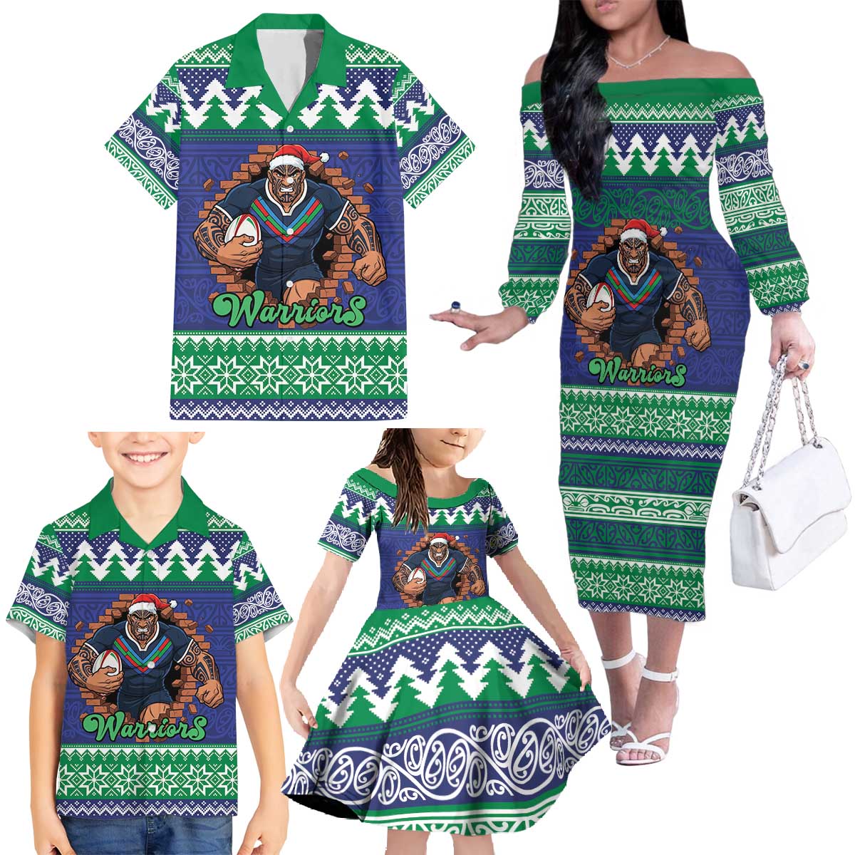 Merry Haka Warriors Personalised Family Matching Off The Shoulder Long Sleeve Dress and Hawaiian Shirt Christmas Rugby League Spirit - Aussie Hoodie