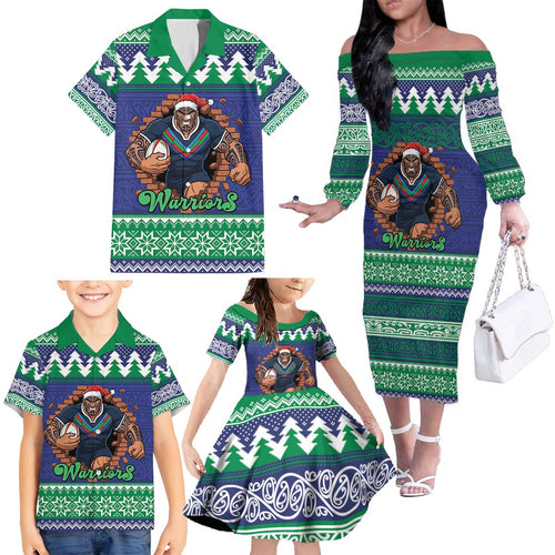 Merry Haka Warriors Personalised Family Matching Off The Shoulder Long Sleeve Dress and Hawaiian Shirt Christmas Rugby League Spirit - Aussie Hoodie