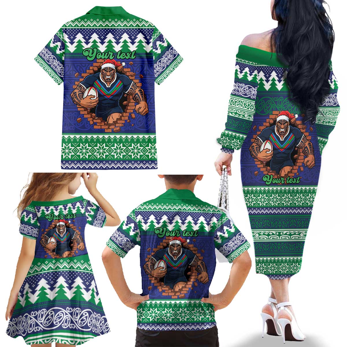Merry Haka Warriors Personalised Family Matching Off The Shoulder Long Sleeve Dress and Hawaiian Shirt Christmas Rugby League Spirit - Aussie Hoodie
