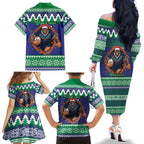 Merry Haka Warriors Personalised Family Matching Off The Shoulder Long Sleeve Dress and Hawaiian Shirt Christmas Rugby League Spirit - Aussie Hoodie