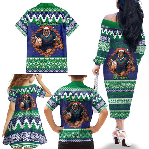 Merry Haka Warriors Personalised Family Matching Off The Shoulder Long Sleeve Dress and Hawaiian Shirt Christmas Rugby League Spirit - Aussie Hoodie