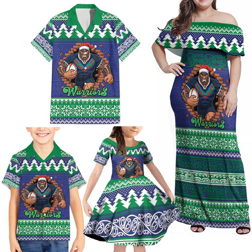 Merry Haka Warriors Personalised Family Matching Off Shoulder Maxi Dress and Hawaiian Shirt Christmas Rugby League Spirit - Aussie Hoodie