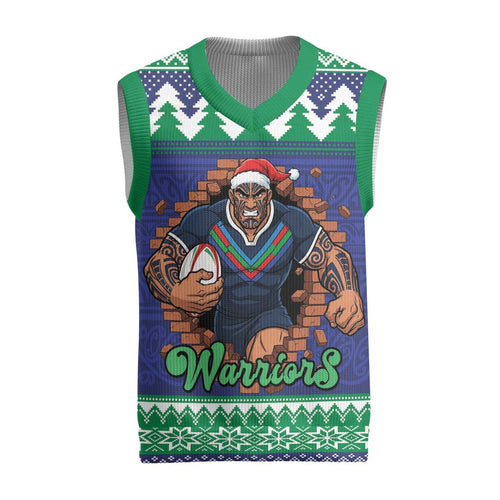 Merry Haka Warriors Personalised Christmas Knitted V-Neck Vest Christmas Rugby League Spirit - Aussie Hoodie