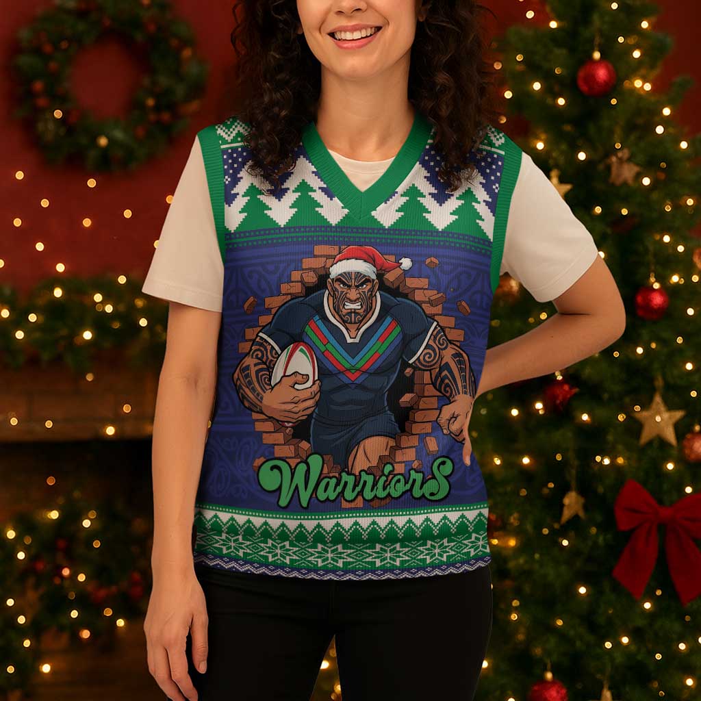 Merry Haka Warriors Personalised Christmas Knitted V-Neck Vest Christmas Rugby League Spirit - Aussie Hoodie