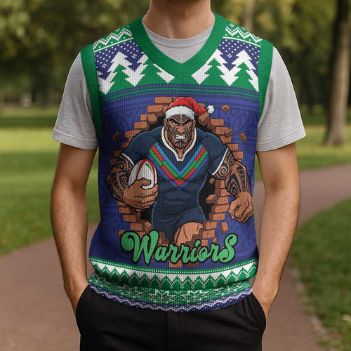 Merry Haka Warriors Personalised Christmas Knitted V-Neck Vest Christmas Rugby League Spirit - Aussie Hoodie