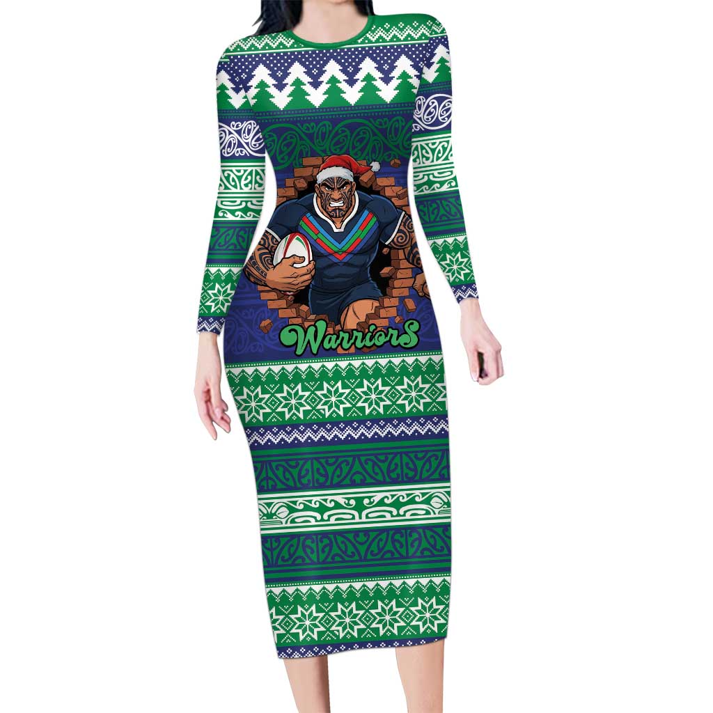 Merry Haka Warriors Personalised Long Sleeve Bodycon Dress Christmas Rugby League Spirit - Aussie Hoodie