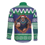 Merry Haka Warriors Personalised Long Sleeve Button Shirt Christmas Rugby League Spirit - Aussie Hoodie