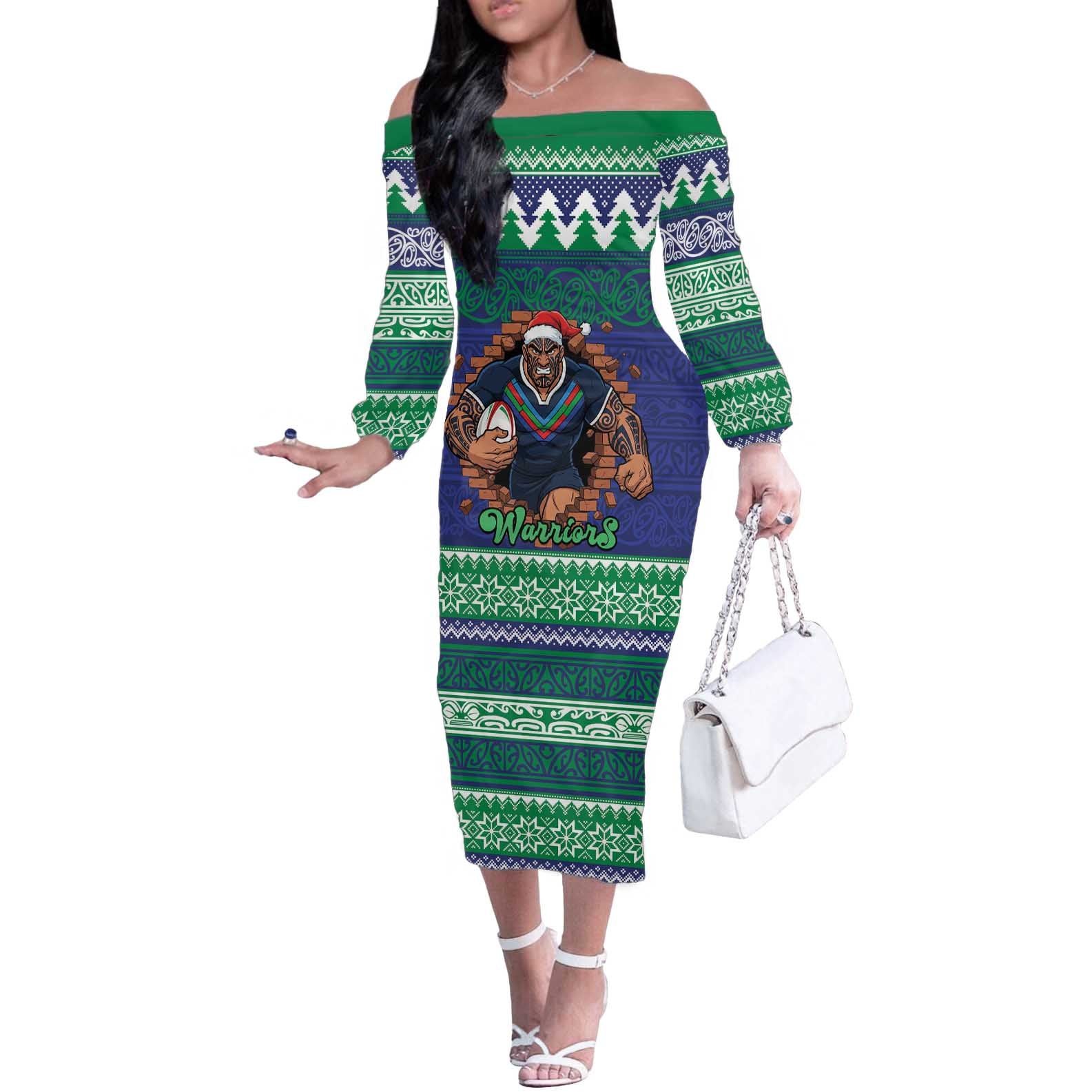 Merry Haka Warriors Personalised Off The Shoulder Long Sleeve Dress Christmas Rugby League Spirit - Aussie Hoodie
