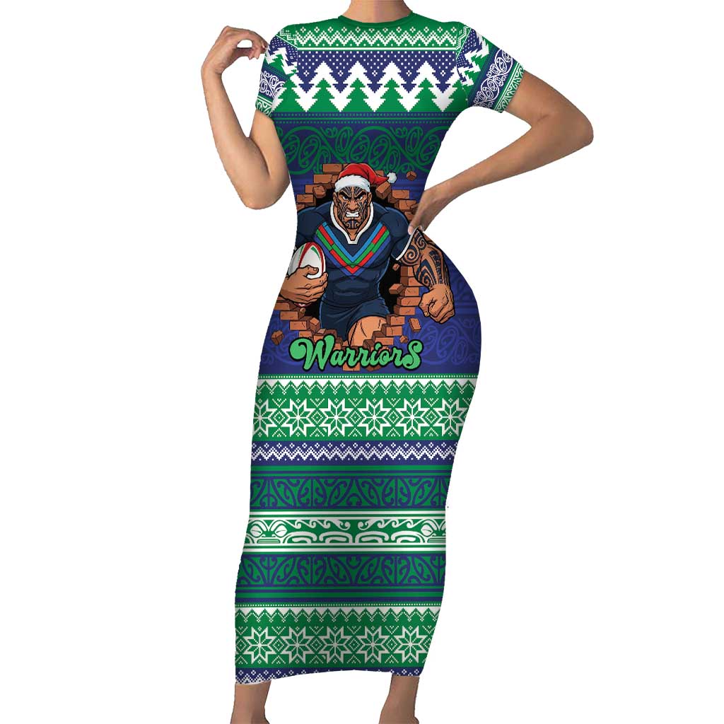 Merry Haka Warriors Personalised Short Sleeve Bodycon Dress Christmas Rugby League Spirit - Aussie Hoodie