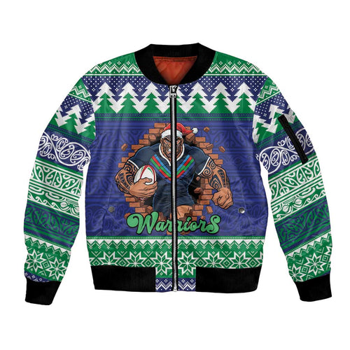 Merry Haka Warriors Personalised Sleeve Zip Bomber Jacket Christmas Rugby League Spirit - Aussie Hoodie