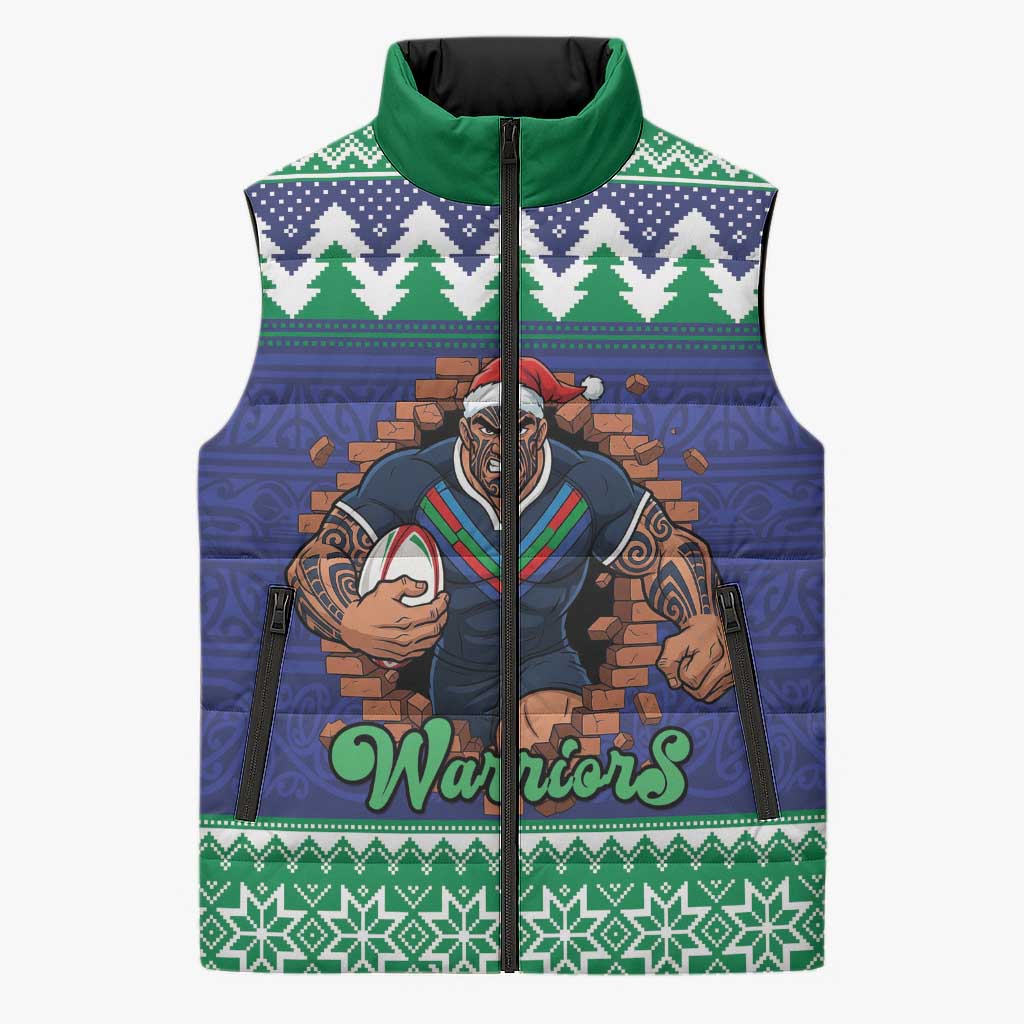 Merry Haka Warriors Personalised Sleeveless Puffer Jacket Christmas Rugby League Spirit - Aussie Hoodie