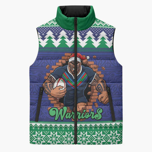 Merry Haka Warriors Personalised Sleeveless Puffer Jacket Christmas Rugby League Spirit - Aussie Hoodie