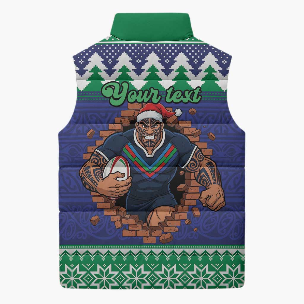 Merry Haka Warriors Personalised Sleeveless Puffer Jacket Christmas Rugby League Spirit - Aussie Hoodie