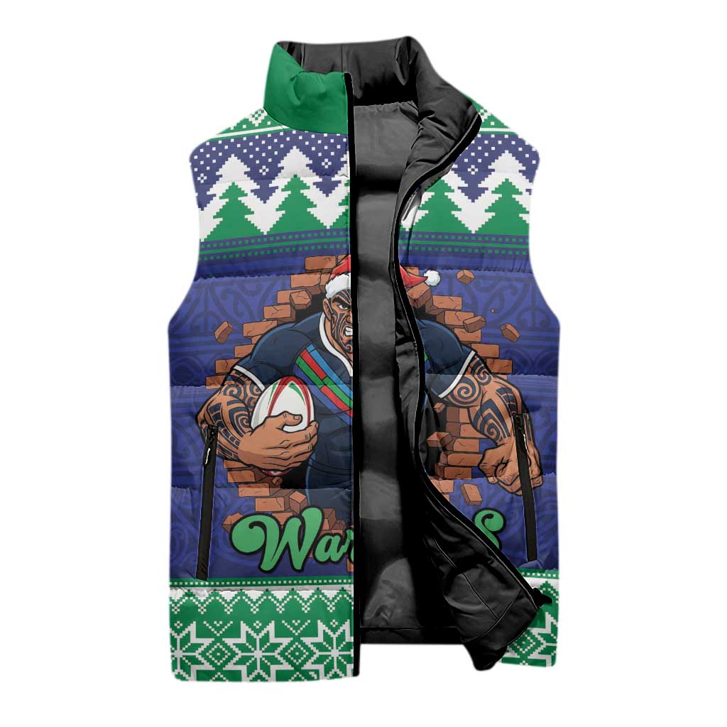 Merry Haka Warriors Personalised Sleeveless Puffer Jacket Christmas Rugby League Spirit - Aussie Hoodie