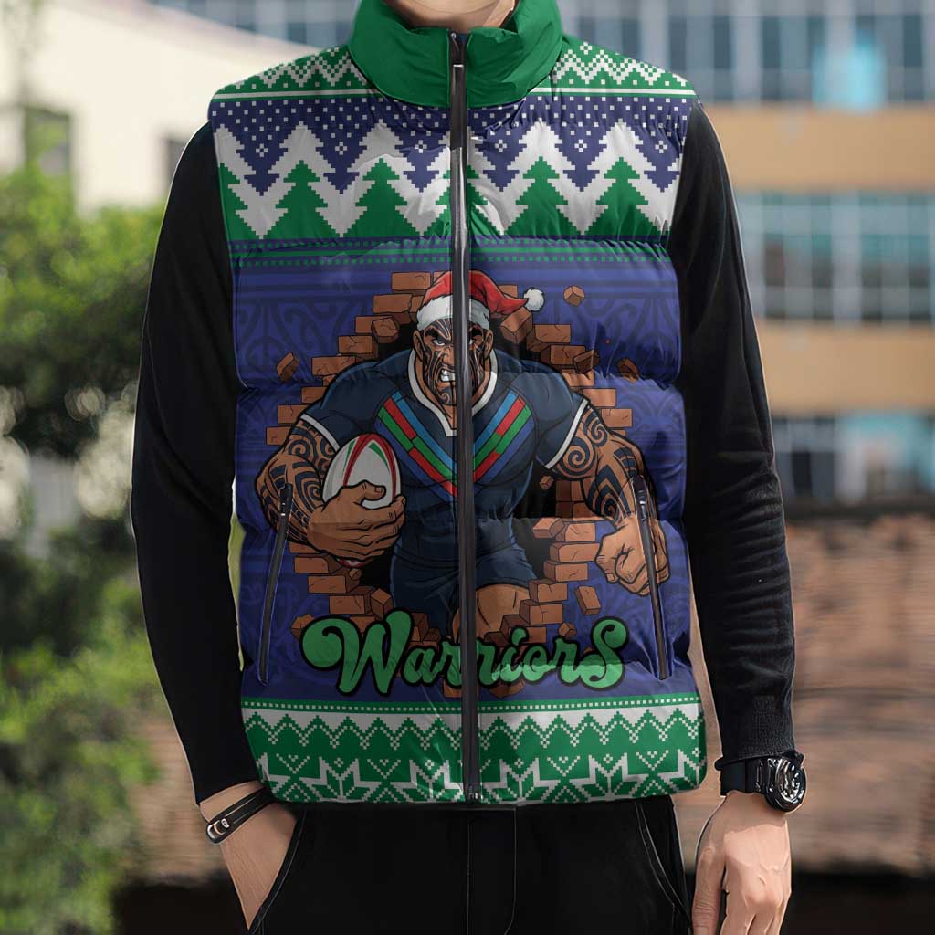 Merry Haka Warriors Personalised Sleeveless Puffer Jacket Christmas Rugby League Spirit - Aussie Hoodie