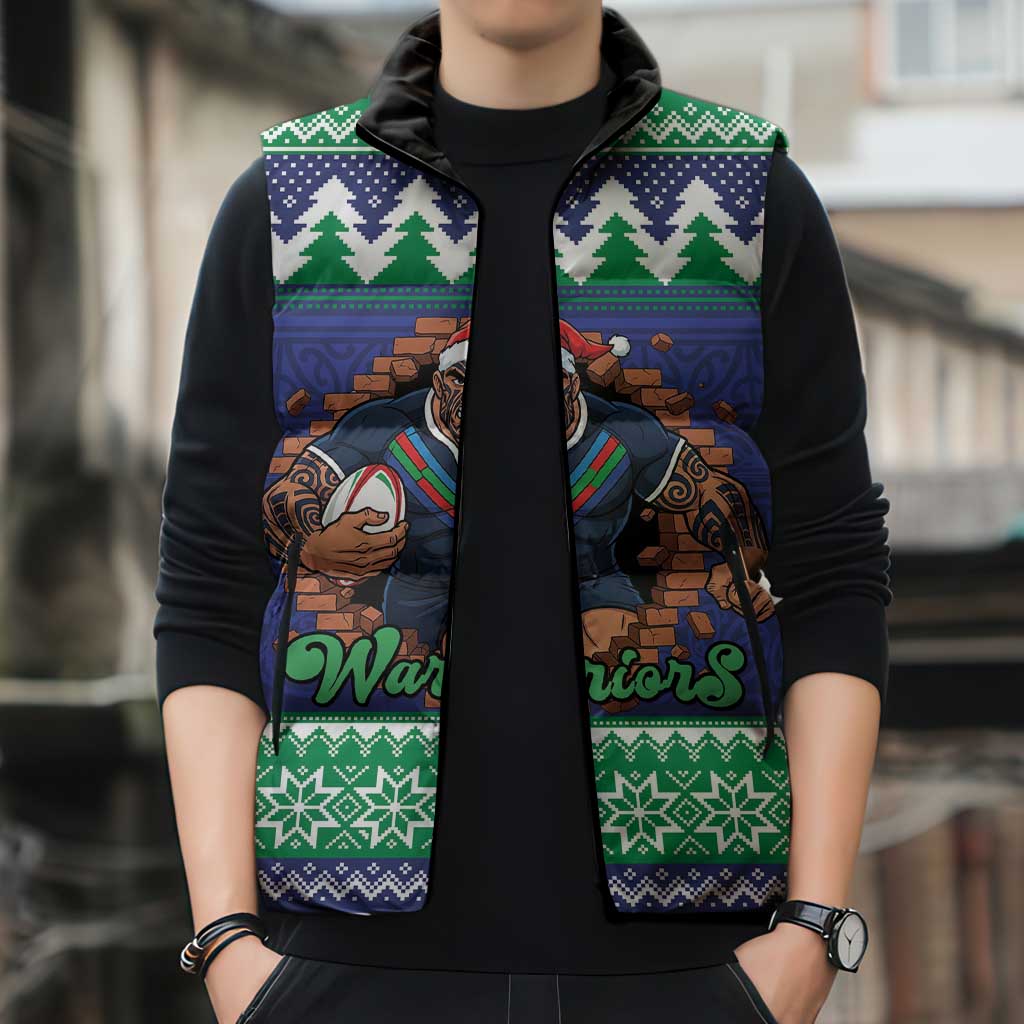 Merry Haka Warriors Personalised Sleeveless Puffer Jacket Christmas Rugby League Spirit - Aussie Hoodie