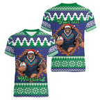 Merry Haka Warriors Personalised Women V-Neck T-Shirt Christmas Rugby League Spirit - Aussie Hoodie