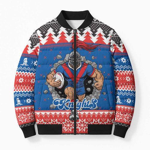 Merry Knights Newcastle Pride Personalised Bomber Puffer Jacket Christmas Rugby League Spirit - Aussie Hoodie