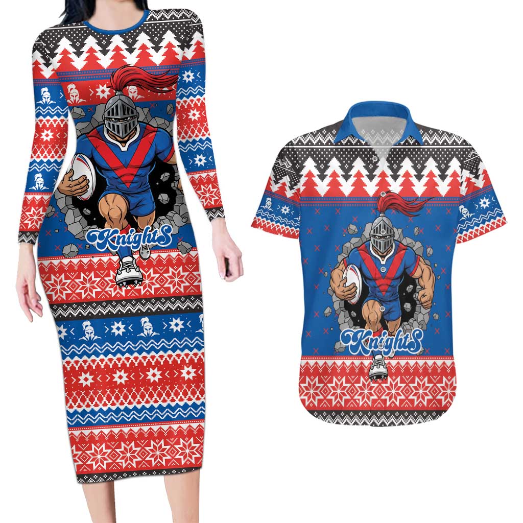 Merry Knights Newcastle Pride Personalised Couples Matching Long Sleeve Bodycon Dress and Hawaiian Shirt Christmas Rugby League Spirit - Aussie Hoodie