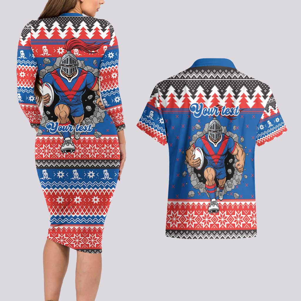 Merry Knights Newcastle Pride Personalised Couples Matching Long Sleeve Bodycon Dress and Hawaiian Shirt Christmas Rugby League Spirit - Aussie Hoodie
