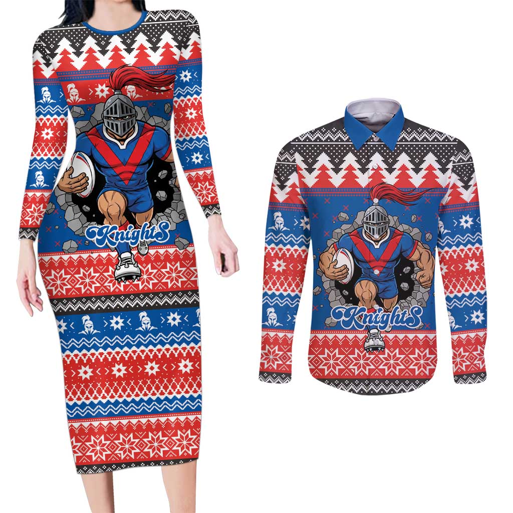 Merry Knights Newcastle Pride Personalised Couples Matching Long Sleeve Bodycon Dress and Long Sleeve Button Shirt Christmas Rugby League Spirit - Aussie Hoodie