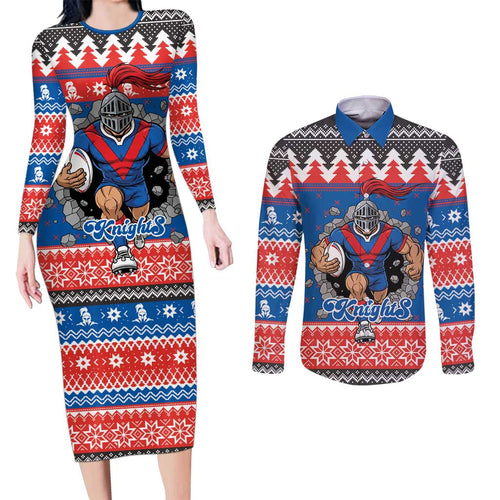 Merry Knights Newcastle Pride Personalised Couples Matching Long Sleeve Bodycon Dress and Long Sleeve Button Shirt Christmas Rugby League Spirit - Aussie Hoodie