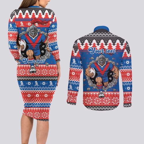 Merry Knights Newcastle Pride Personalised Couples Matching Long Sleeve Bodycon Dress and Long Sleeve Button Shirt Christmas Rugby League Spirit - Aussie Hoodie
