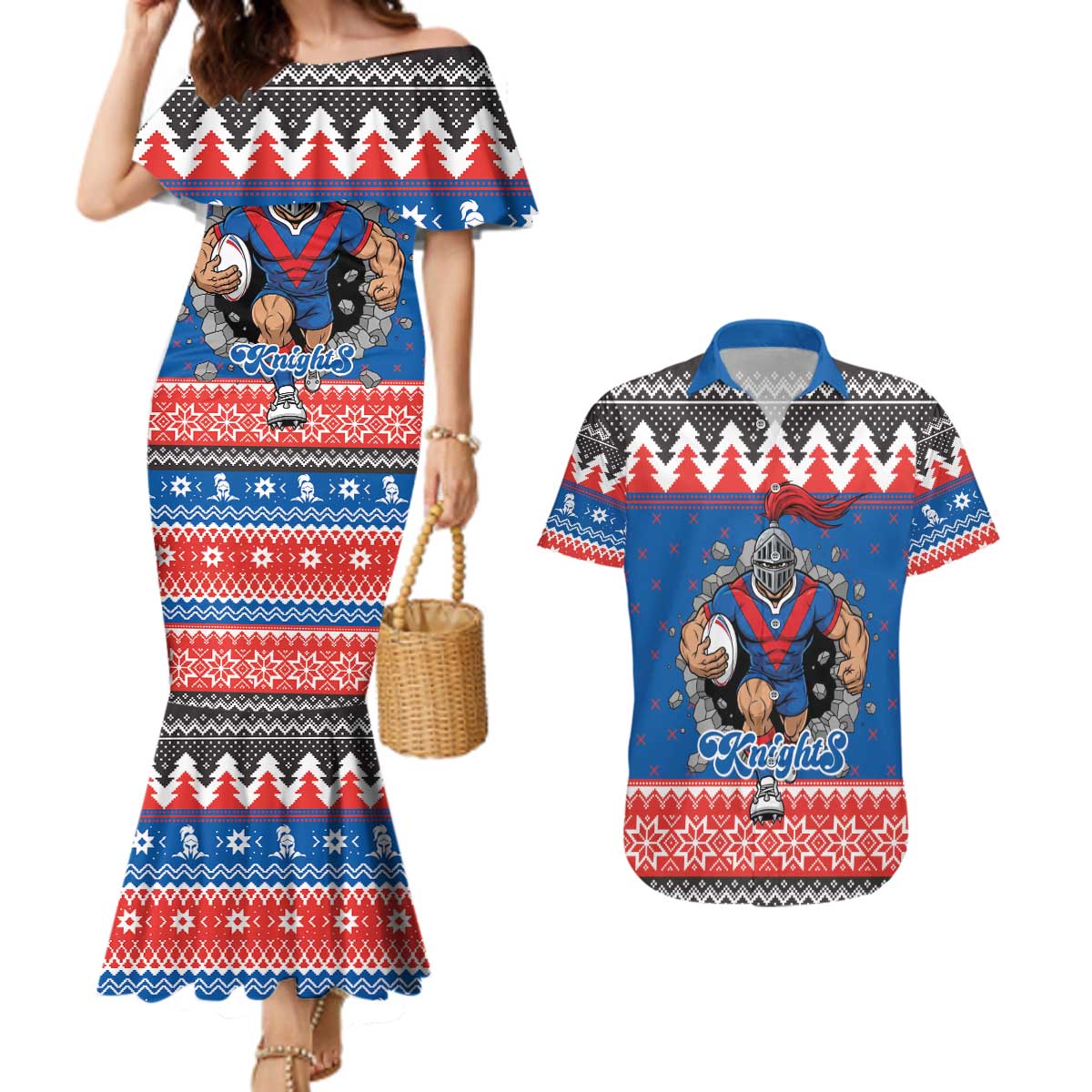 Merry Knights Newcastle Pride Personalised Couples Matching Mermaid Dress and Hawaiian Shirt Christmas Rugby League Spirit - Aussie Hoodie