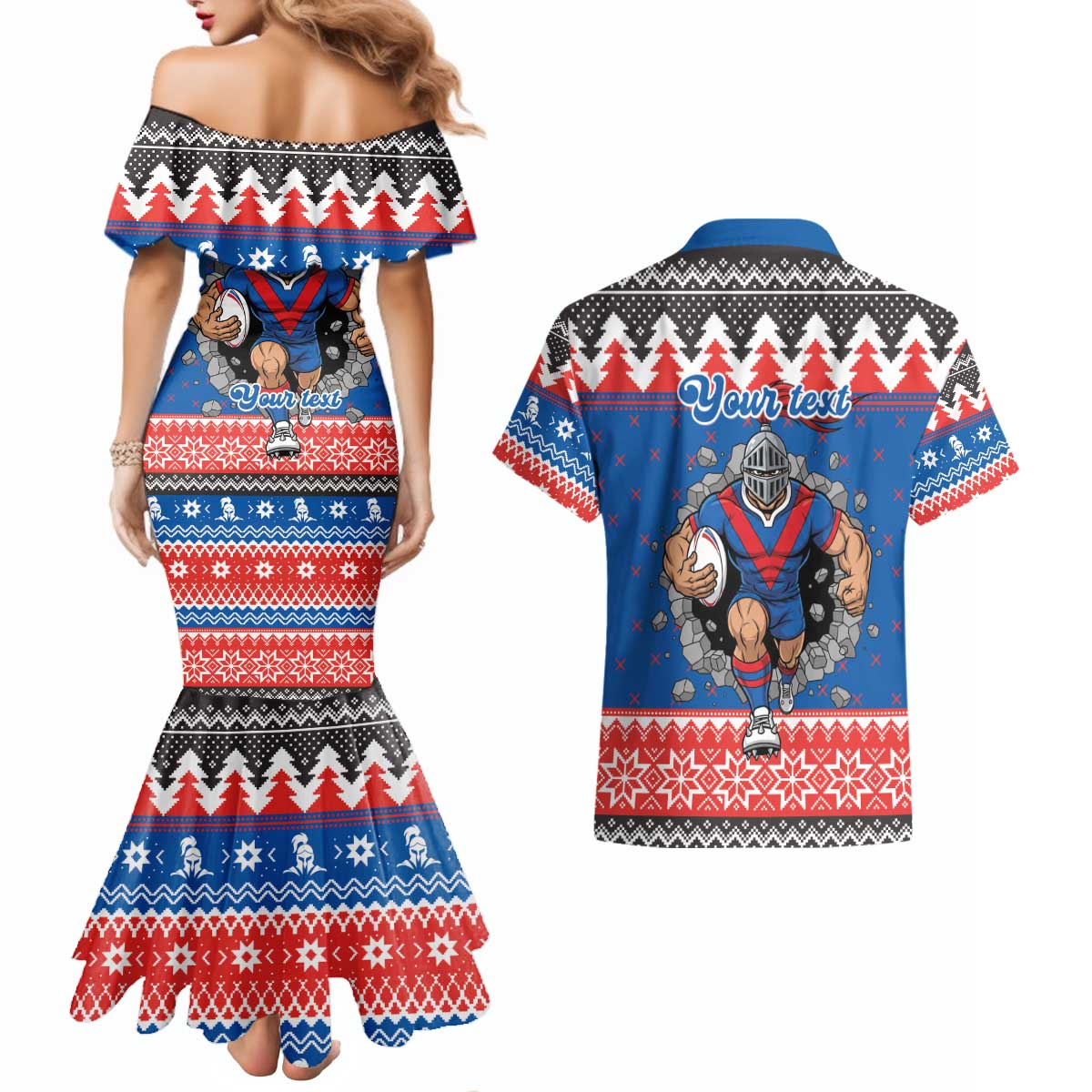 Merry Knights Newcastle Pride Personalised Couples Matching Mermaid Dress and Hawaiian Shirt Christmas Rugby League Spirit - Aussie Hoodie