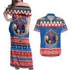 Merry Knights Newcastle Pride Personalised Couples Matching Off Shoulder Maxi Dress and Hawaiian Shirt Christmas Rugby League Spirit - Aussie Hoodie
