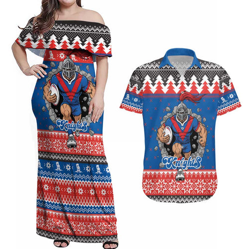 Merry Knights Newcastle Pride Personalised Couples Matching Off Shoulder Maxi Dress and Hawaiian Shirt Christmas Rugby League Spirit - Aussie Hoodie