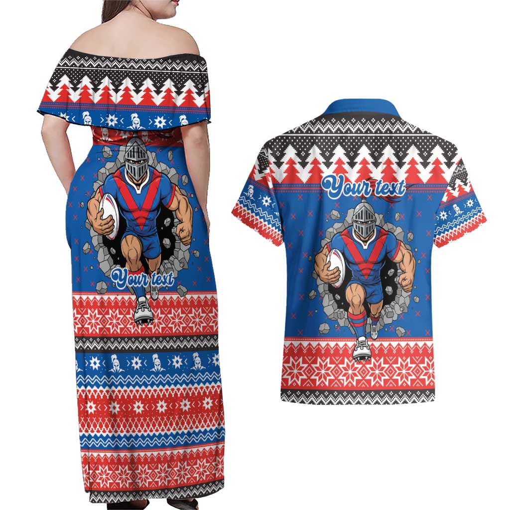 Merry Knights Newcastle Pride Personalised Couples Matching Off Shoulder Maxi Dress and Hawaiian Shirt Christmas Rugby League Spirit - Aussie Hoodie