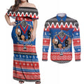 Merry Knights Newcastle Pride Personalised Couples Matching Off Shoulder Maxi Dress and Long Sleeve Button Shirt Christmas Rugby League Spirit - Aussie Hoodie