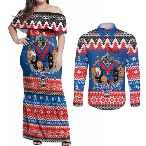 Merry Knights Newcastle Pride Personalised Couples Matching Off Shoulder Maxi Dress and Long Sleeve Button Shirt Christmas Rugby League Spirit - Aussie Hoodie
