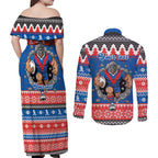 Merry Knights Newcastle Pride Personalised Couples Matching Off Shoulder Maxi Dress and Long Sleeve Button Shirt Christmas Rugby League Spirit - Aussie Hoodie