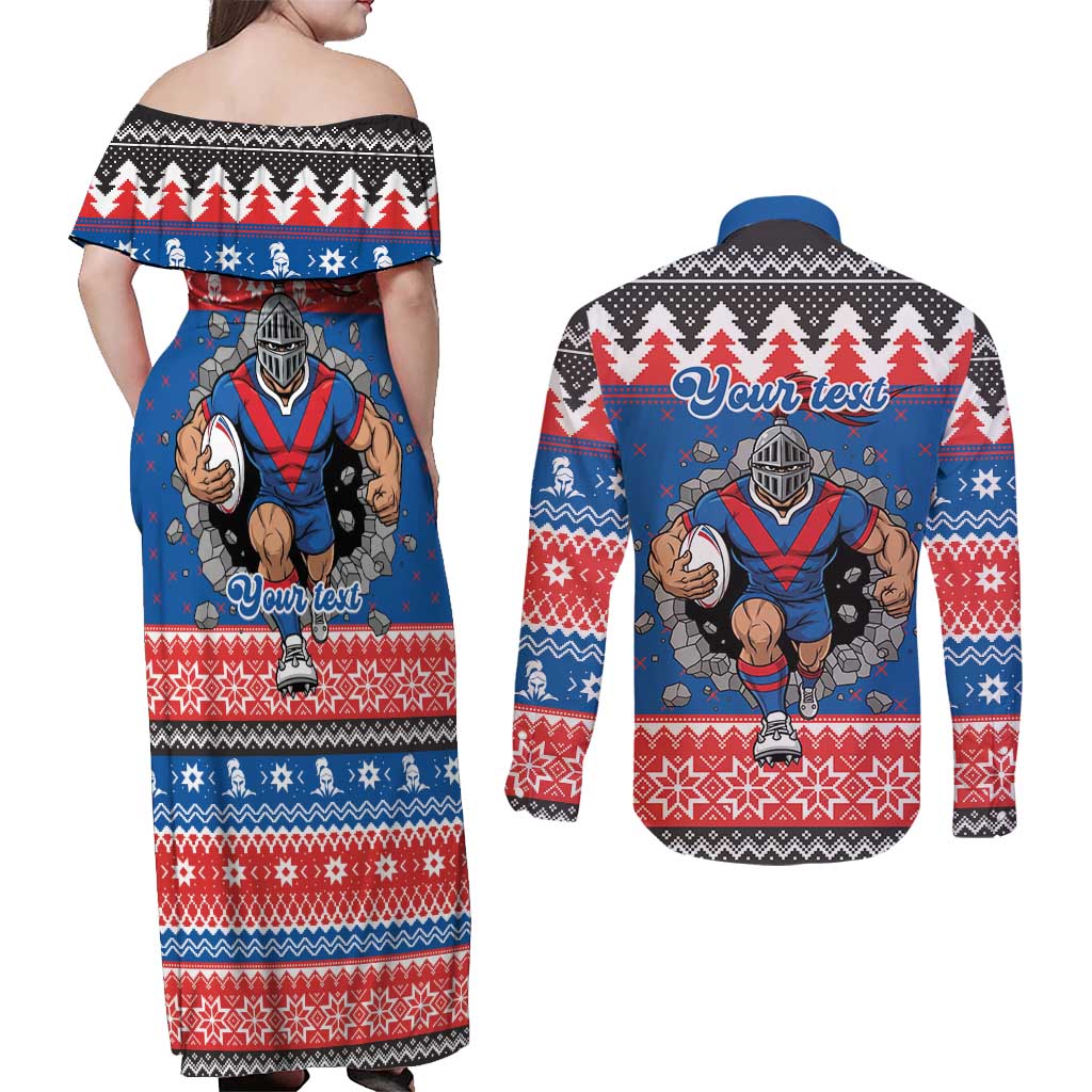 Merry Knights Newcastle Pride Personalised Couples Matching Off Shoulder Maxi Dress and Long Sleeve Button Shirt Christmas Rugby League Spirit - Aussie Hoodie