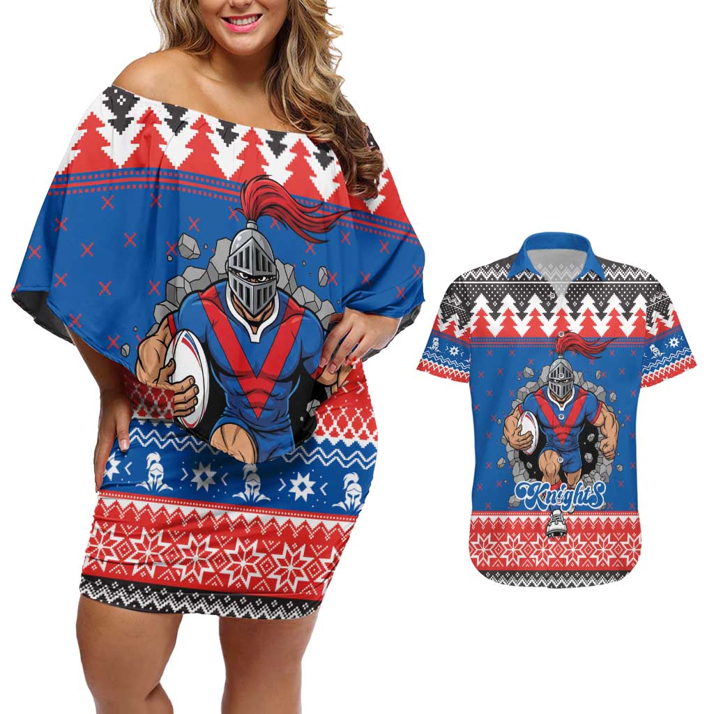 Merry Knights Newcastle Pride Personalised Couples Matching Off Shoulder Short Dress and Hawaiian Shirt Christmas Rugby League Spirit - Aussie Hoodie