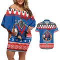 Merry Knights Newcastle Pride Personalised Couples Matching Off Shoulder Short Dress and Hawaiian Shirt Christmas Rugby League Spirit - Aussie Hoodie