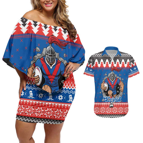 Merry Knights Newcastle Pride Personalised Couples Matching Off Shoulder Short Dress and Hawaiian Shirt Christmas Rugby League Spirit - Aussie Hoodie